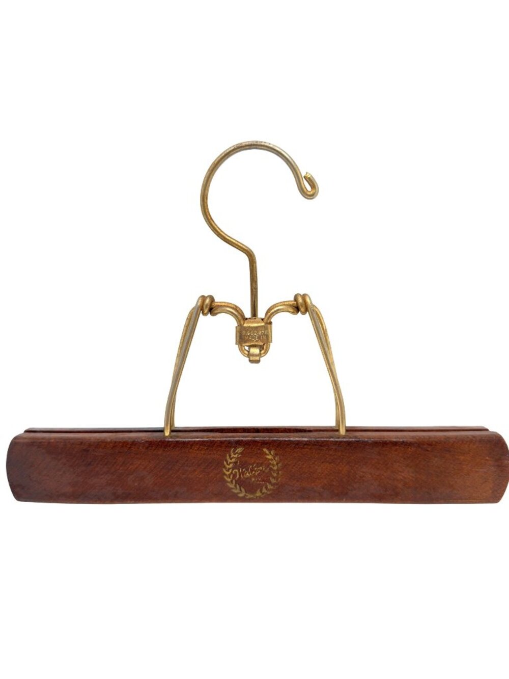Walker Wooden Clamp Style Pant Hanger 14K Gold Plate Vintage 10 Inches USA Made
